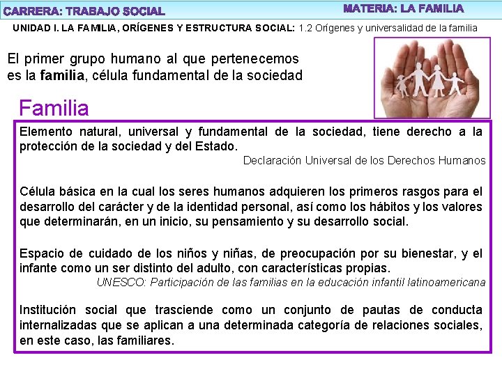 UNIDAD I. LA FAMILIA, ORÍGENES Y ESTRUCTURA SOCIAL: 1. 2 Orígenes y universalidad de