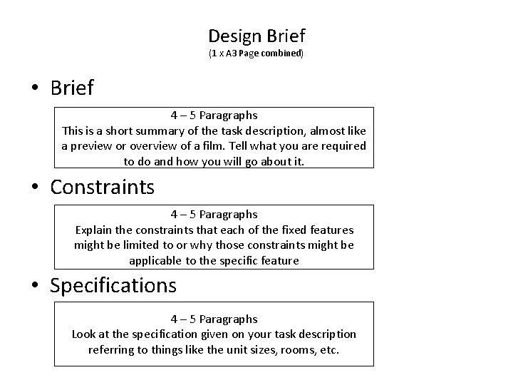 Design Brief (1 x A 3 Page combined) • Brief 4 – 5 Paragraphs Design Brief (1 x A 3 Page combined) • Brief 4 – 5 Paragraphs