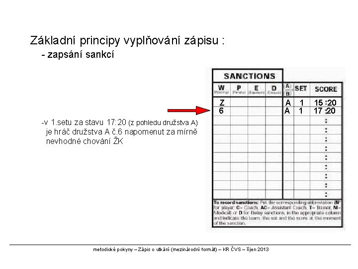 Základní principy vyplňování zápisu : - zapsání sankcí Z 6 -v 1. setu za