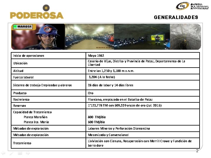 GENERALIDADES Inicio de operaciones Mayo 1982 Ubicación Caserío de Vijus, Distrito y Provincia de