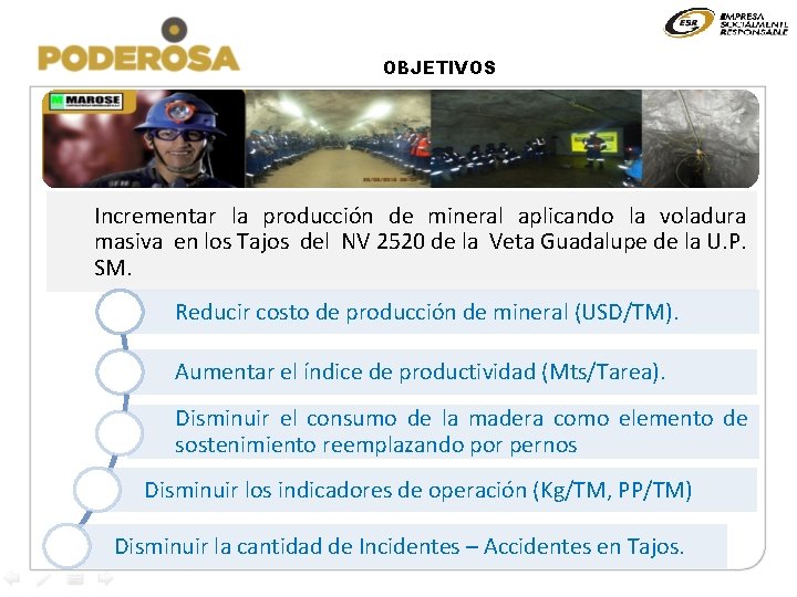 OBJETIVOS Incrementar la producción de mineral aplicando la voladura masiva en los Tajos del