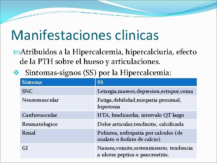 Manifestaciones clinicas Atribuidos a la Hipercalcemia, hipercalciuria, efecto de la PTH sobre el hueso