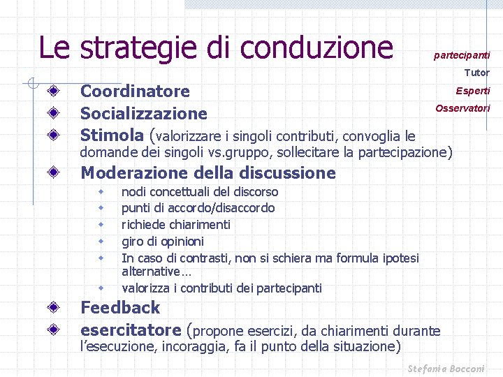 Le strategie di conduzione partecipanti Tutor Coordinatore Socializzazione Stimola (valorizzare i singoli contributi, convoglia