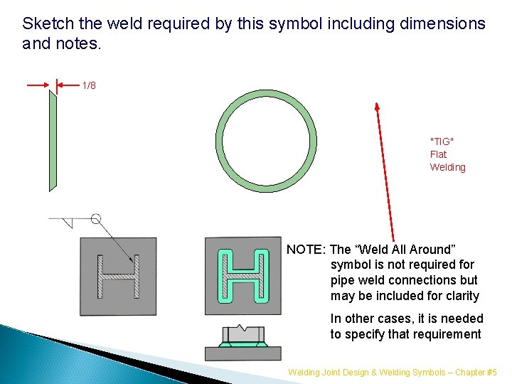 Sketch the weld required by this symbol including dimensions and notes. 1/8 "TIG" Flat