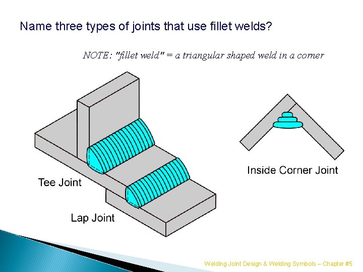 Name three types of joints that use fillet welds? NOTE: "fillet weld" = a