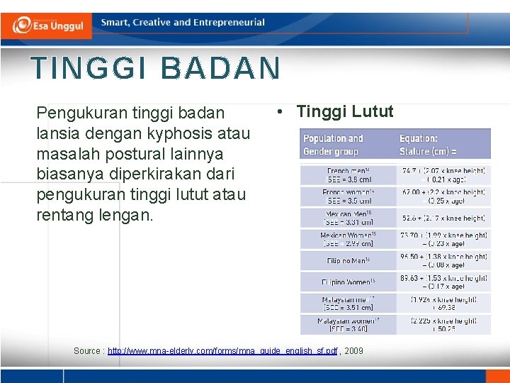 TINGGI BADAN Pengukuran tinggi badan lansia dengan kyphosis atau masalah postural lainnya biasanya diperkirakan