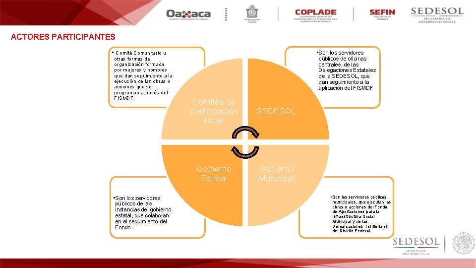 ACTORES PARTICIPANTES • Comité Comunitario u otras formas de organización formada por mujeres y