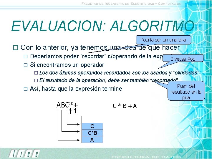 EVALUACION: ALGORITMO Podría ser un una pila � Con lo anterior, ya tenemos una
