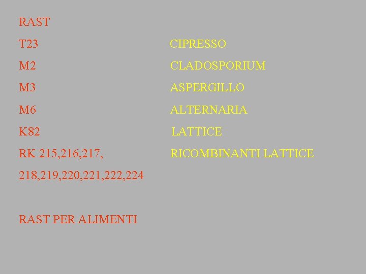 RAST T 23 CIPRESSO M 2 CLADOSPORIUM M 3 ASPERGILLO M 6 ALTERNARIA K