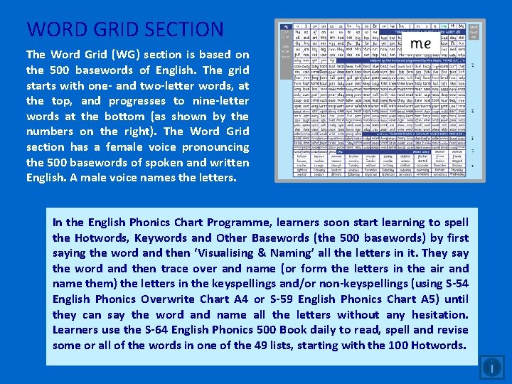 WORD GRID SECTION The Word Grid (WG) section is based on the 500 basewords WORD GRID SECTION The Word Grid (WG) section is based on the 500 basewords