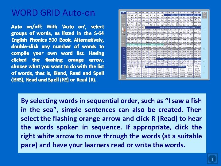 WORD GRID Auto-on Auto on/off: With 'Auto on', select groups of words, as listed WORD GRID Auto-on Auto on/off: With 'Auto on', select groups of words, as listed