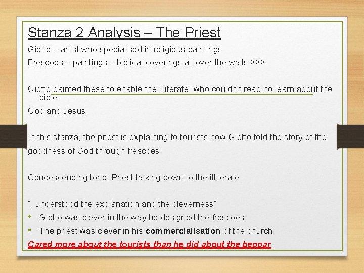 Stanza 2 Analysis – The Priest Giotto – artist who specialised in religious paintings