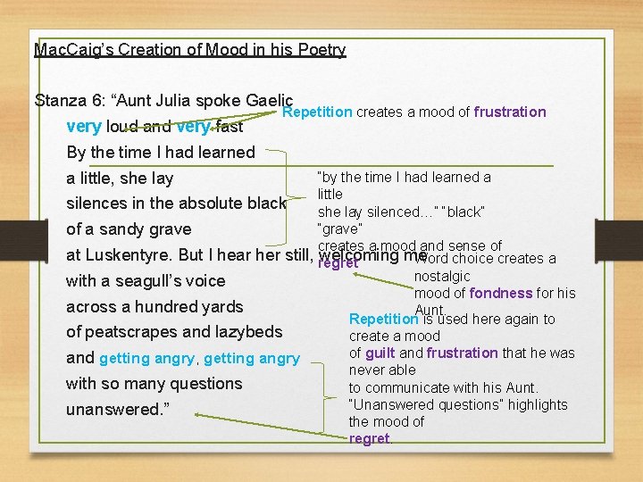 Mac. Caig’s Creation of Mood in his Poetry Stanza 6: “Aunt Julia spoke Gaelic