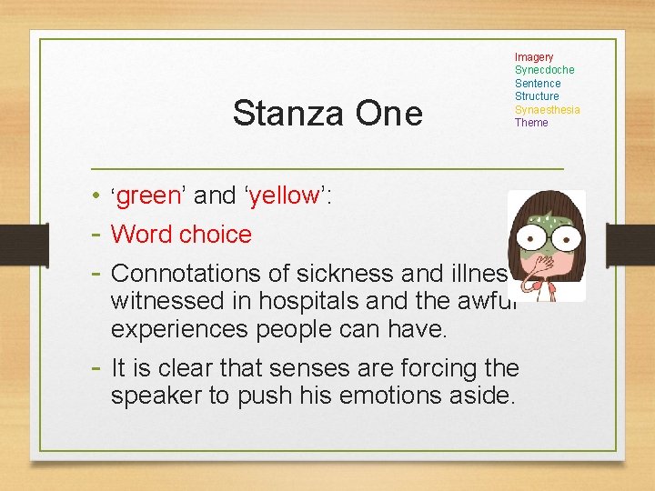 Stanza One Imagery Synecdoche Sentence Structure Synaesthesia Theme • ‘green’ and ‘yellow’: - Word