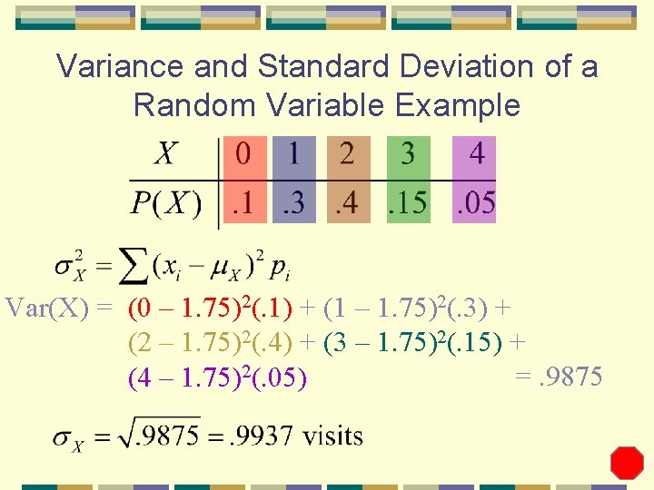 Variance and Standard Deviation of a Random Variable Example Var(X) = (0 – 1.
