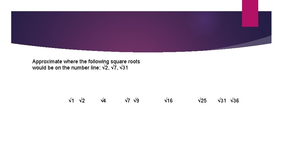 Approximate where the following square roots would be on the number line: √ 2,