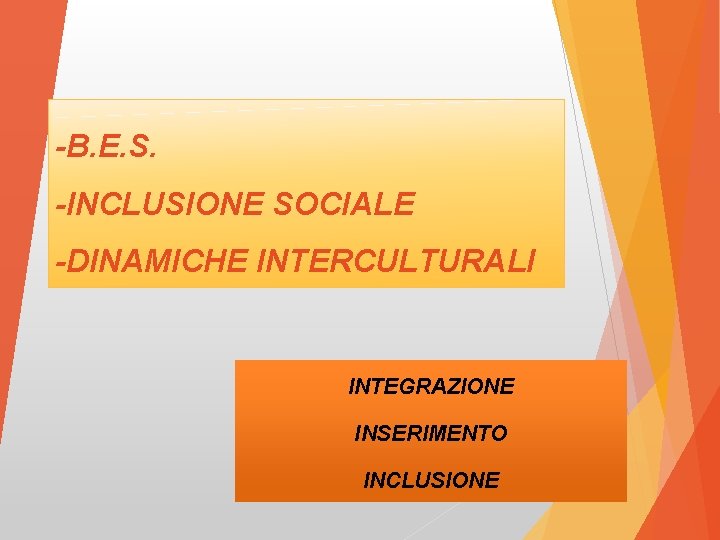 -B. E. S. -INCLUSIONE SOCIALE -DINAMICHE INTERCULTURALI INTEGRAZIONE INSERIMENTO INCLUSIONE 