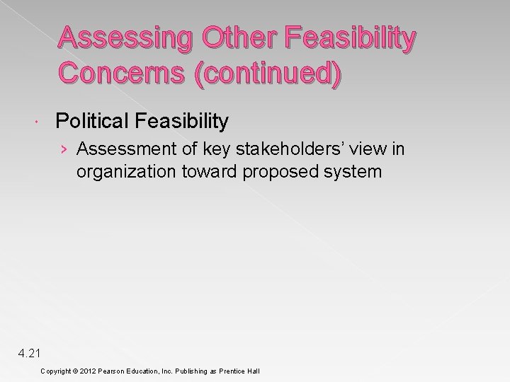 Assessing Other Feasibility Concerns (continued) Political Feasibility › Assessment of key stakeholders’ view in