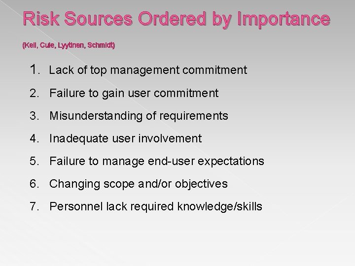 Risk Sources Ordered by Importance (Keil, Cule, Lyytinen, Schmidt) 1. Lack of top management