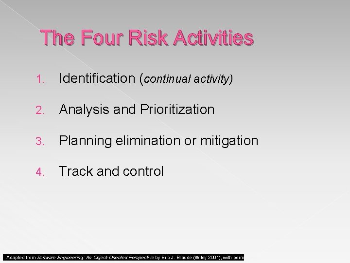 The Four Risk Activities 1. Identification (continual activity) 2. Analysis and Prioritization 3. Planning