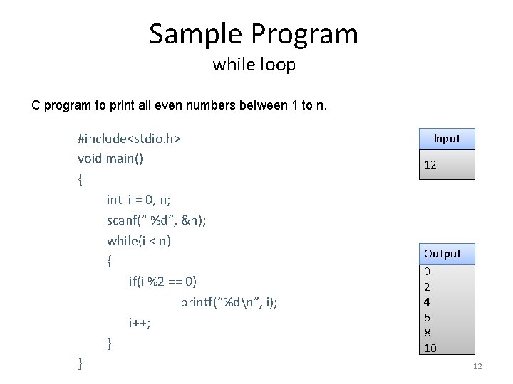 Sample Program while loop C program to print all even numbers between 1 to