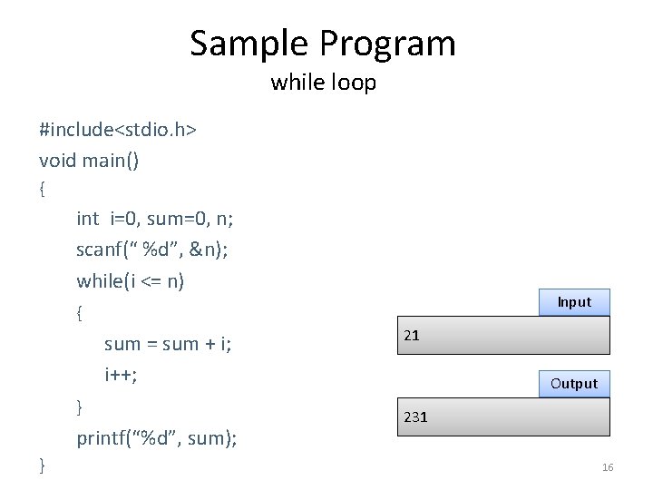 Sample Program while loop #include<stdio. h> void main() { int i=0, sum=0, n; scanf(“