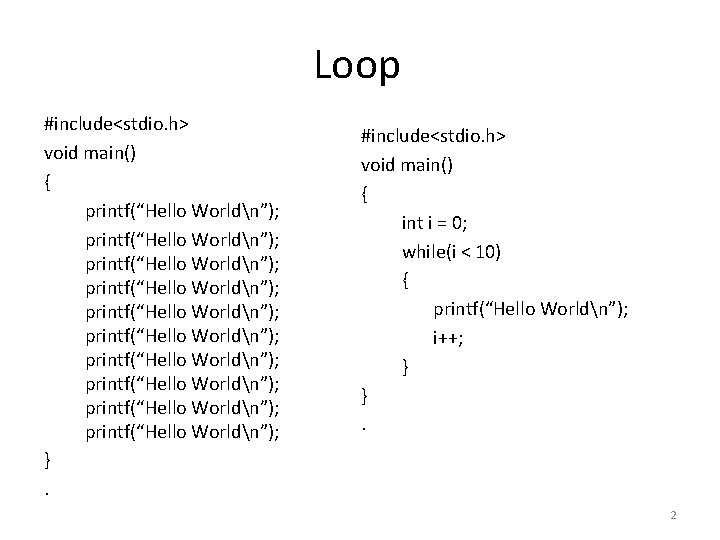 Loop #include<stdio. h> void main() { printf(“Hello Worldn”); printf(“Hello Worldn”); printf(“Hello Worldn”); }. #include<stdio.