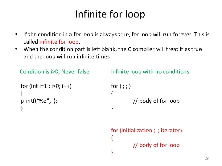 Infinite for loop • If the condition in a for loop is always true,