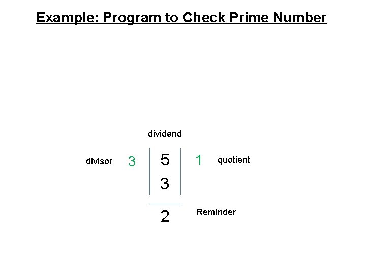 Example: Program to Check Prime Number dividend divisor 3 5 3 1 2 Reminder