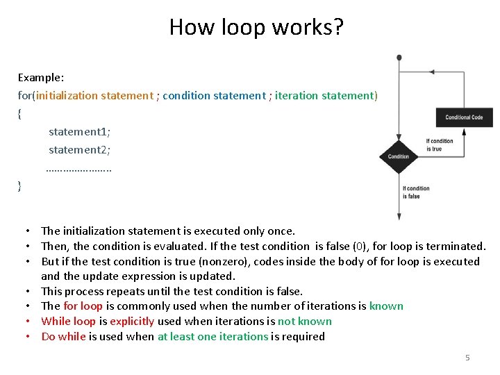 How loop works? Example: for(initialization statement ; condition statement ; iteration statement) { statement