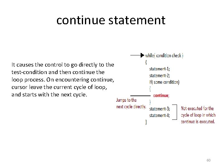 continue statement It causes the control to go directly to the test-condition and then