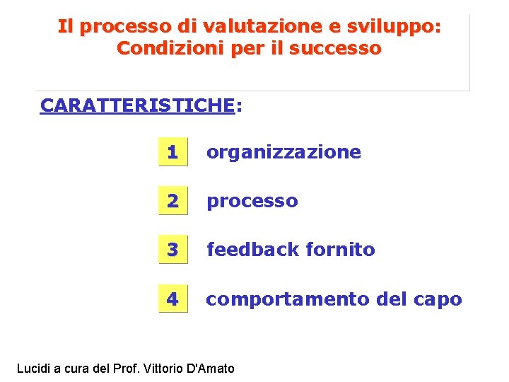 Il processo di valutazione e sviluppo: Condizioni per il successo CARATTERISTICHE: 1 organizzazione 2