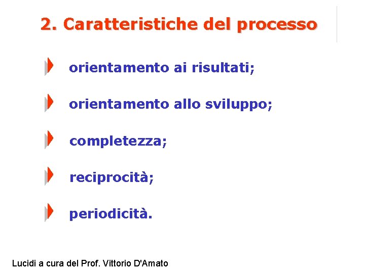 2. Caratteristiche del processo orientamento ai risultati; orientamento allo sviluppo; completezza; reciprocità; periodicità. Lucidi