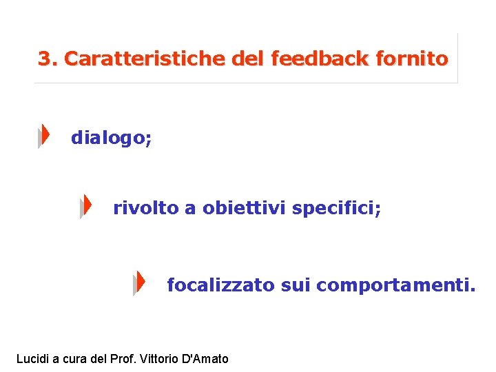 3. Caratteristiche del feedback fornito dialogo; rivolto a obiettivi specifici; focalizzato sui comportamenti. Lucidi
