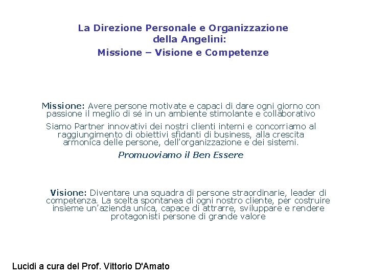 La Direzione Personale e Organizzazione della Angelini: Missione – Visione e Competenze Missione: Avere