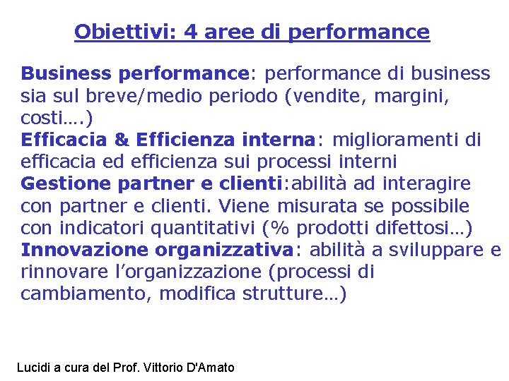 Obiettivi: 4 aree di performance Business performance: performance di business sia sul breve/medio periodo