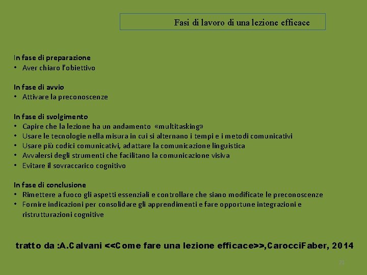 Fasi di lavoro di una lezione efficace In fase di preparazione • Aver chiaro