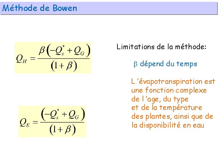Méthode de Bowen Limitations de la méthode: dépend du temps L ’évapotranspiration est une