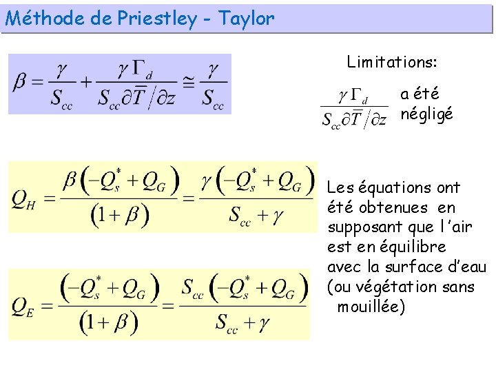 Méthode de Priestley - Taylor Limitations: a été négligé Les équations ont été obtenues