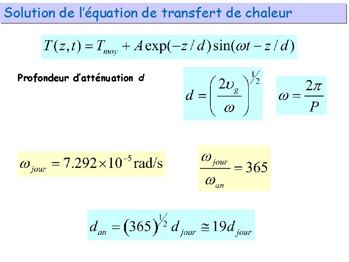 Solution de l’équation de transfert de chaleur Profondeur d’atténuation d 