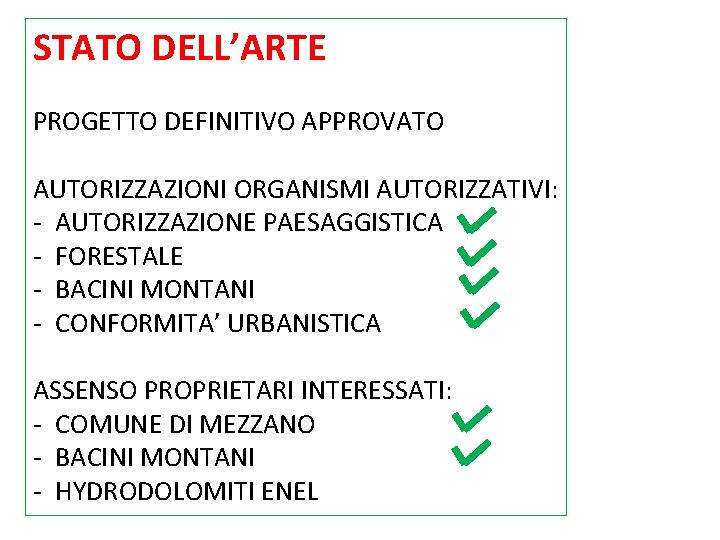 STATO DELL’ARTE PROGETTO DEFINITIVO APPROVATO AUTORIZZAZIONI ORGANISMI AUTORIZZATIVI: - AUTORIZZAZIONE PAESAGGISTICA - FORESTALE -