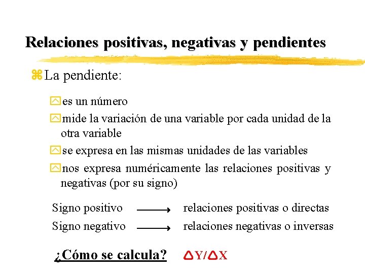 Relaciones positivas, negativas y pendientes z La pendiente: yes un número ymide la variación