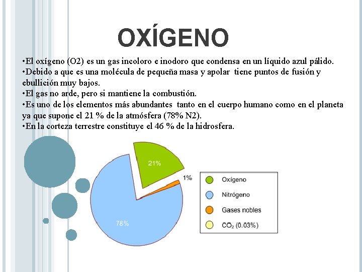 OXÍGENO • El oxígeno (O 2) es un gas incoloro e inodoro que condensa