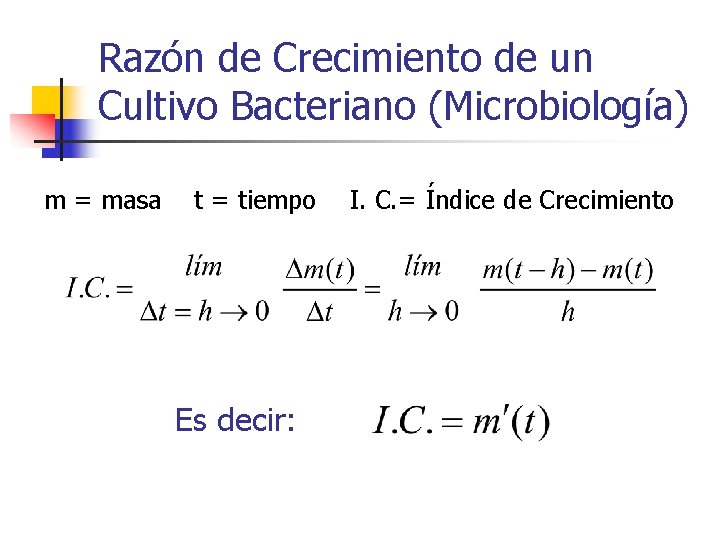 Razón de Crecimiento de un Cultivo Bacteriano (Microbiología) m = masa t = tiempo