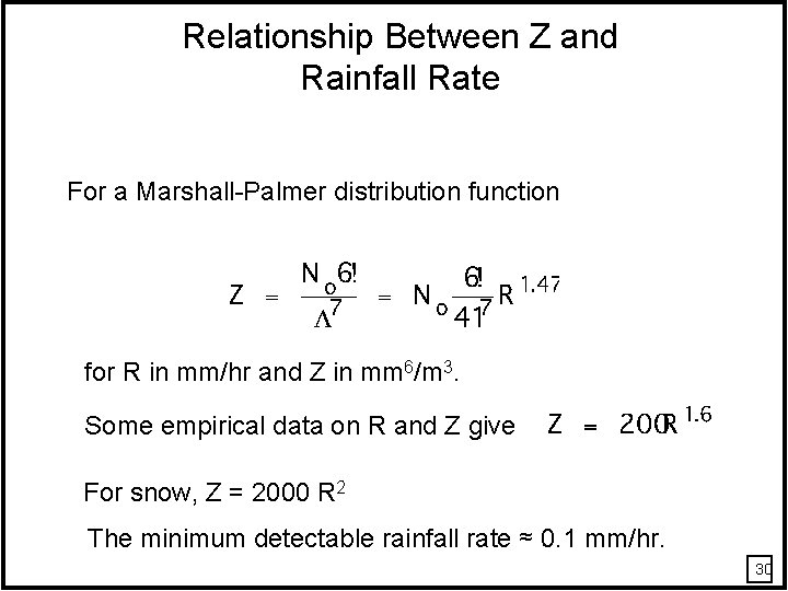 Relationship Between Z and Rainfall Rate For a Marshall-Palmer distribution function for R in