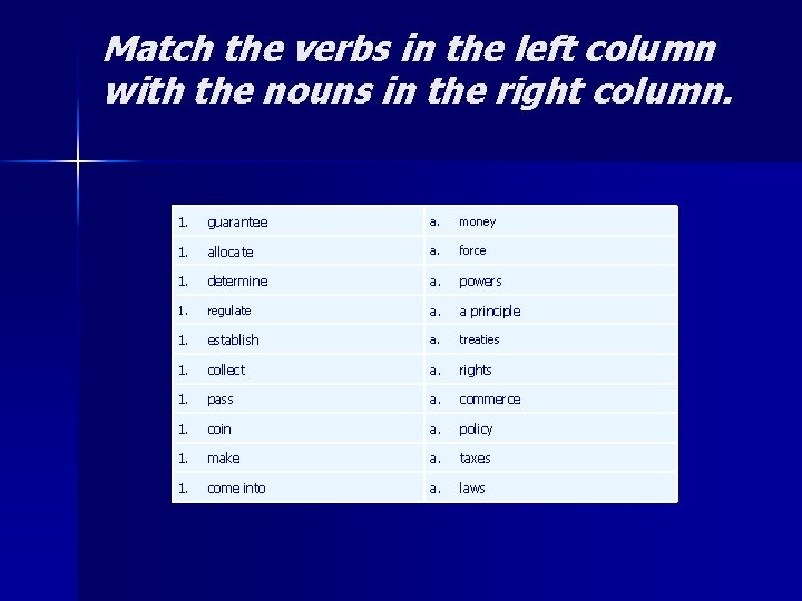 Match the verbs in the left column with the nouns in the right column.