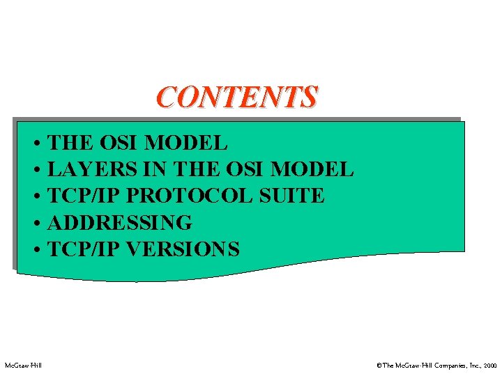 CONTENTS • THE OSI MODEL • LAYERS IN THE OSI MODEL • TCP/IP PROTOCOL