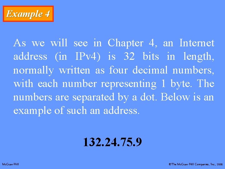 Example 4 As we will see in Chapter 4, an Internet address (in IPv