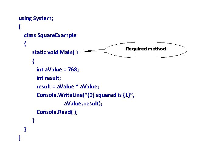 using System; { class Square. Example { Required method static void Main( ) {