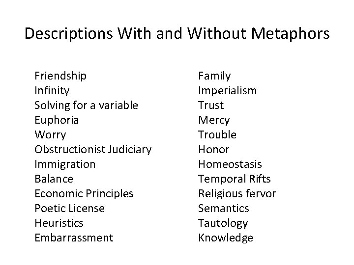 Descriptions With and Without Metaphors Friendship Infinity Solving for a variable Euphoria Worry Obstructionist Descriptions With and Without Metaphors Friendship Infinity Solving for a variable Euphoria Worry Obstructionist